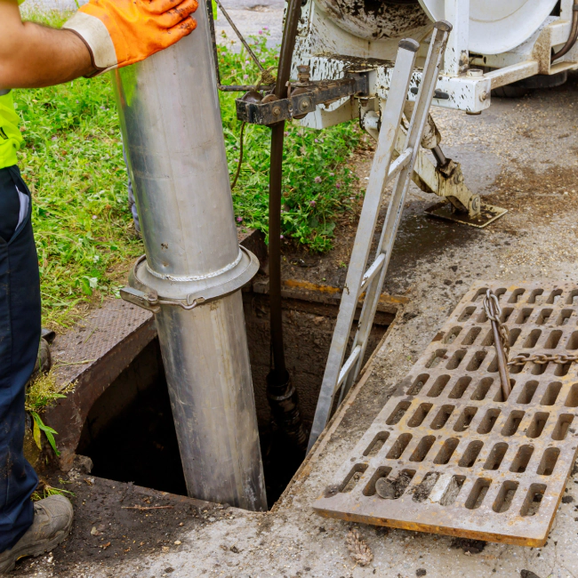 worker cleaning a sewage line